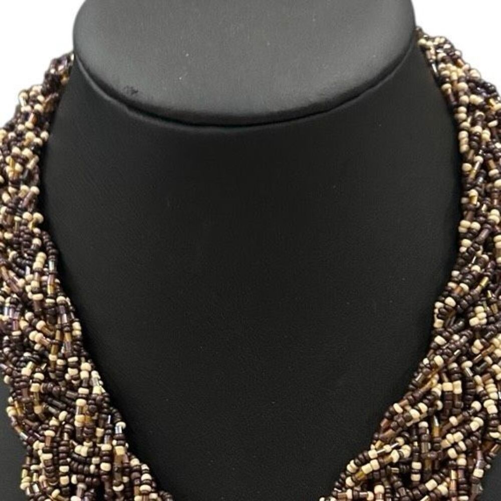 Vintage Woven Seed Bead Bib Necklace 16.5" Brown Beige Multi Inter-woven Strands - Picture 4 of 8